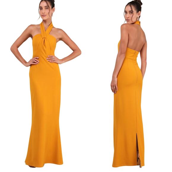 Lulus Mesmerizing Perfection Yellow Halter Neck Backless Maxi Dress size M NWT - Picture 1 of 5